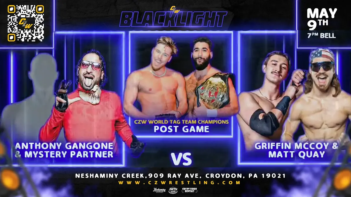 POST GAME defends the tag team straps against MATT QUAY + GRIFFIN MCCOY as well as ANTHONY GANGONE + a mystery teammate