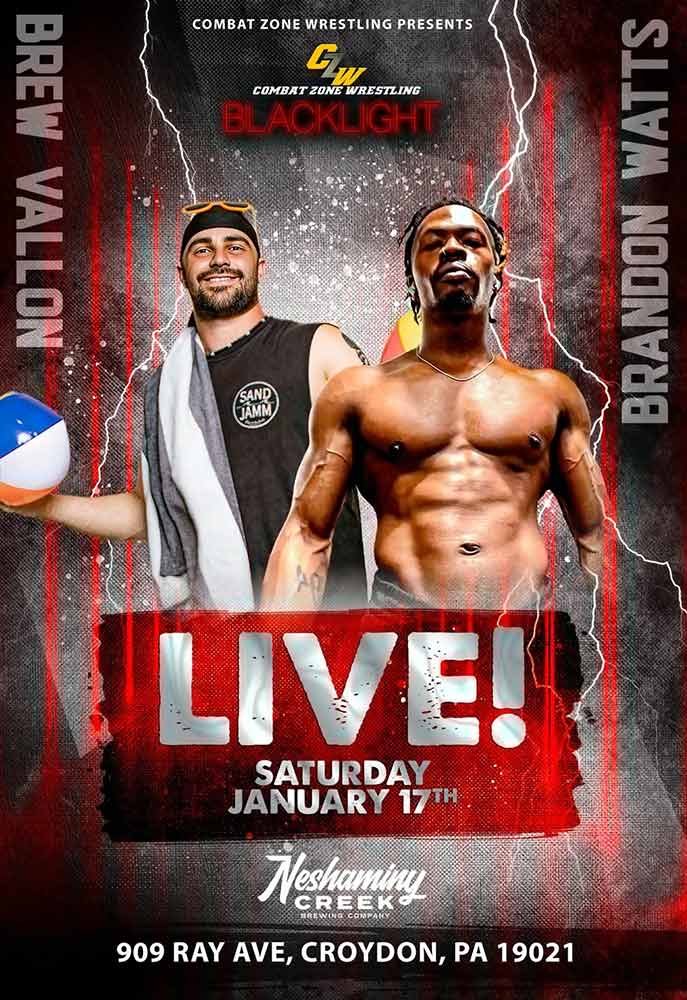 Brew Vallon faces Brandon Watts in a CZW Rules Match at Neshaminy Creek Brew Co in Croydon PA this Saturday night at 7PM - Tix on sale now