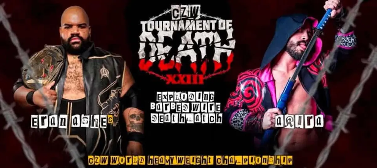 Eran Ashe defends the CZW World Championship against Akira in an Exploding Barbed Wire Deathmatch