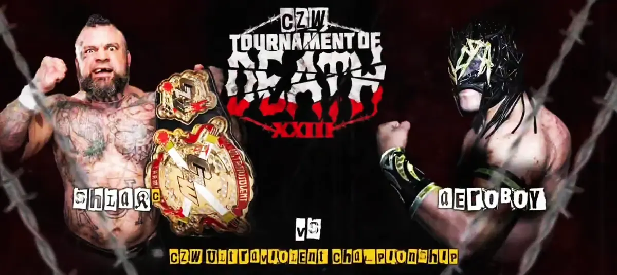 Shlak defends the Ultraviolent Championship against Aeroboy in a Mexican Junkyard Deathmatch